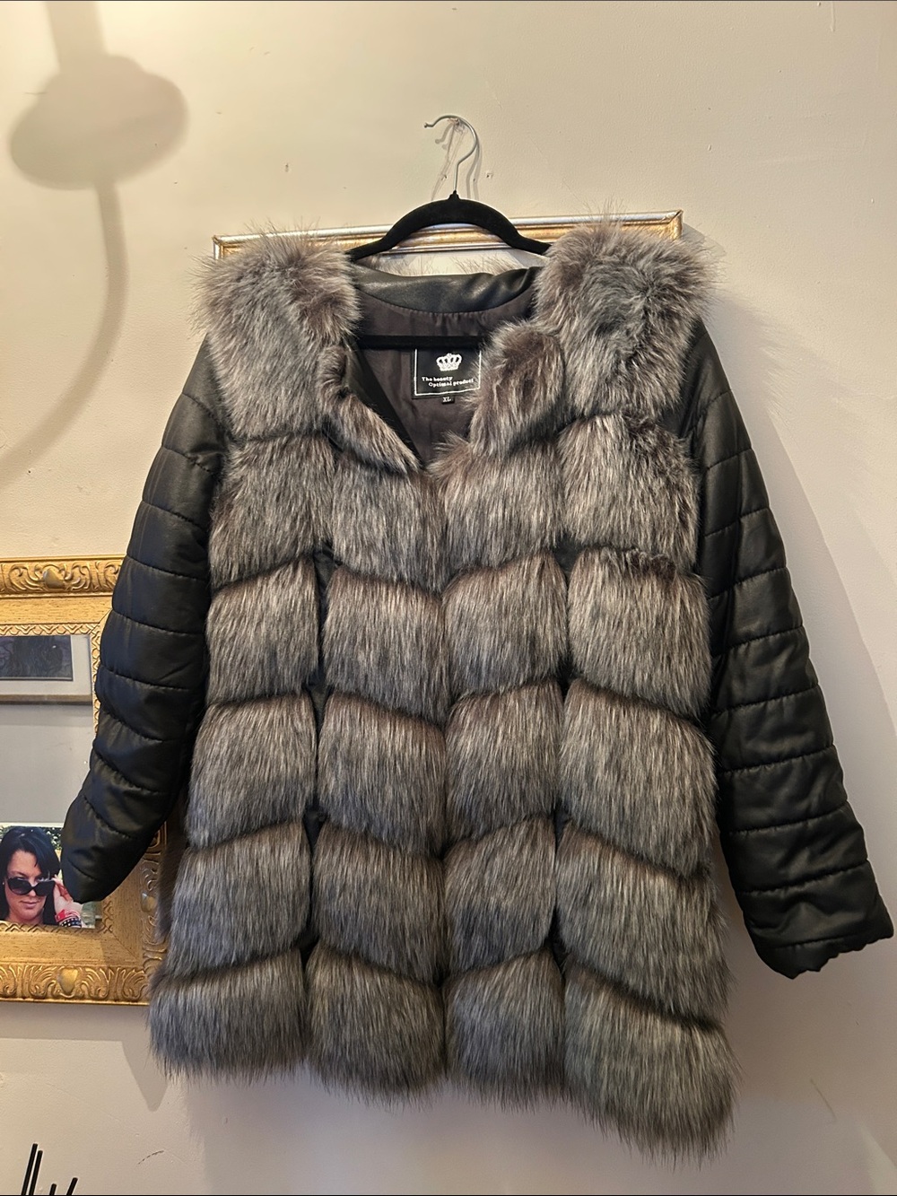 Women's Faux Fur Puffer Coat with Hood - Gray